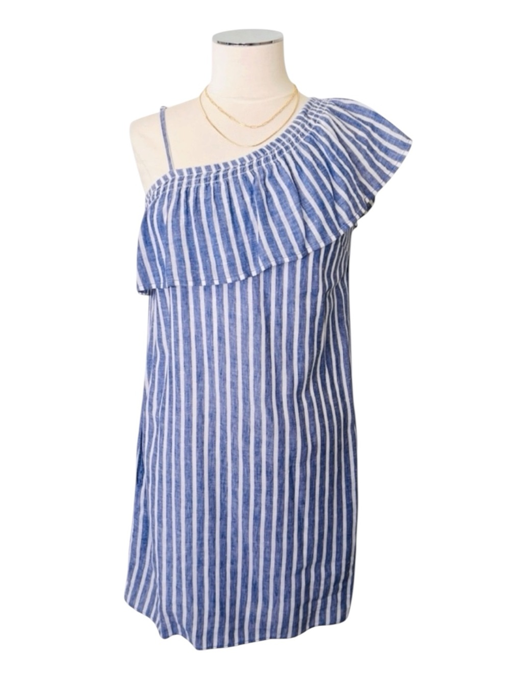 BEACHLUNCHLOUNGE Blue White Striped Linen Asymmetrical Ruffle Dress Small Cotton
